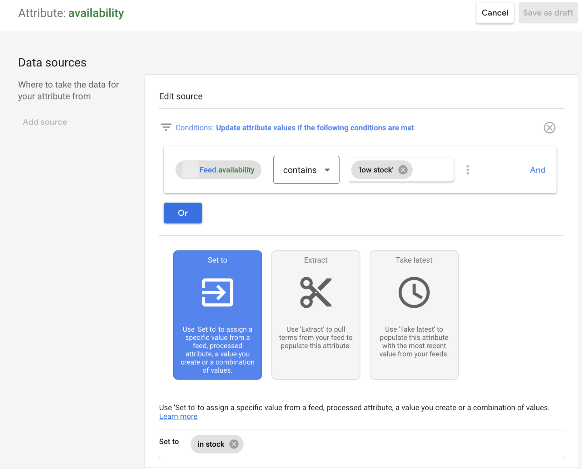 Screen shot of example feed rule to update attribute values in Merchant Center interface