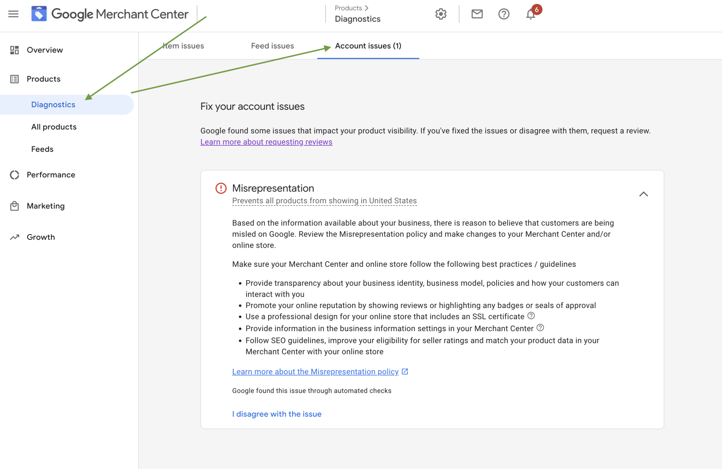 Screen shot of where to access Diagnostics in Google Merchant Center Classic Interface