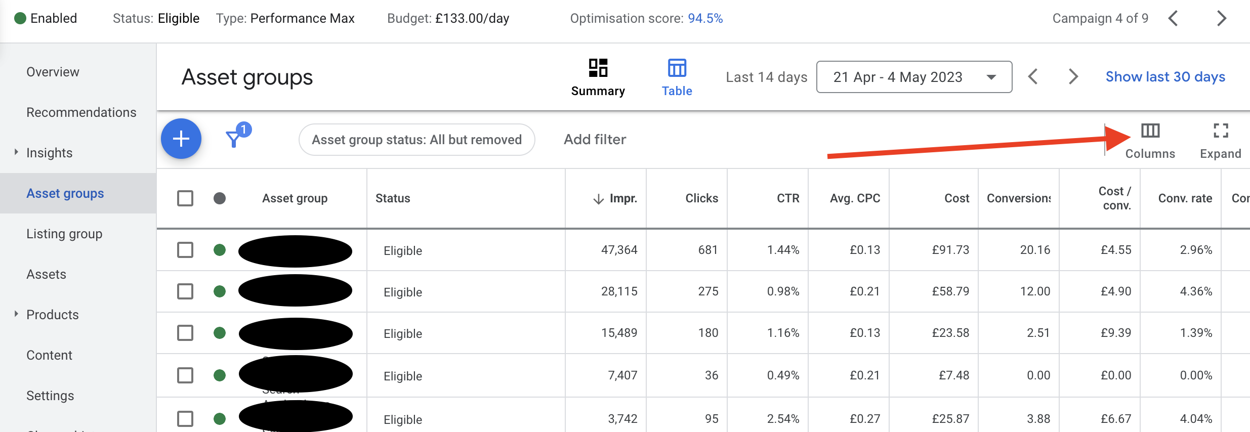 Screen shot of where to update Asset Report columns in Performance Max interface