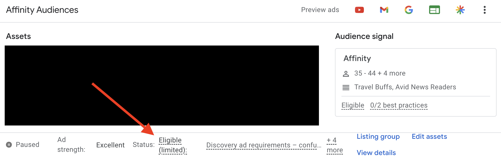 Screen shot of where to view Asset Status within Assets Groups in Google Performance Max interface