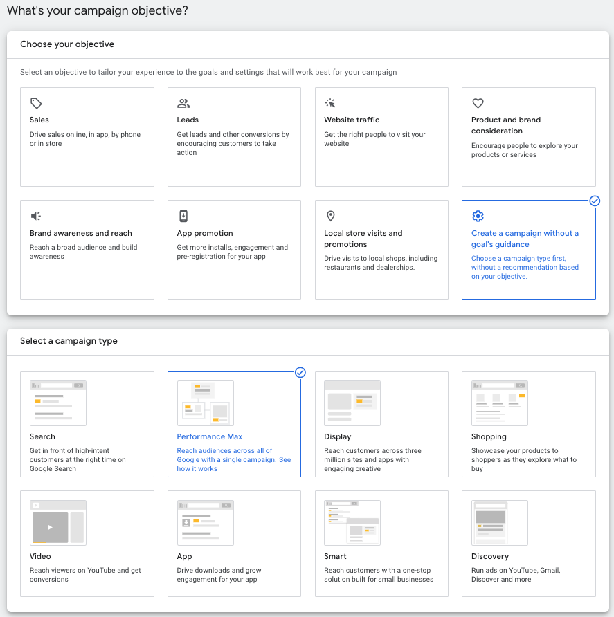 Screen shot of choosing to setup a new Performance Max campaign in the Google Ads interface