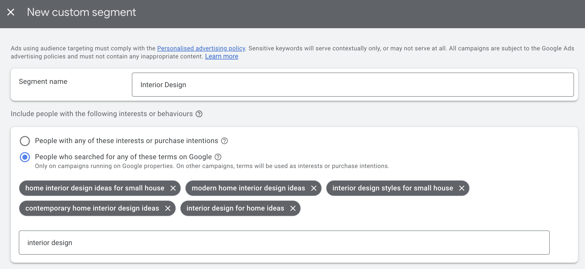 Screen Shot of creating a new segment with Audience Signals in Google Ads Performance Max campaign