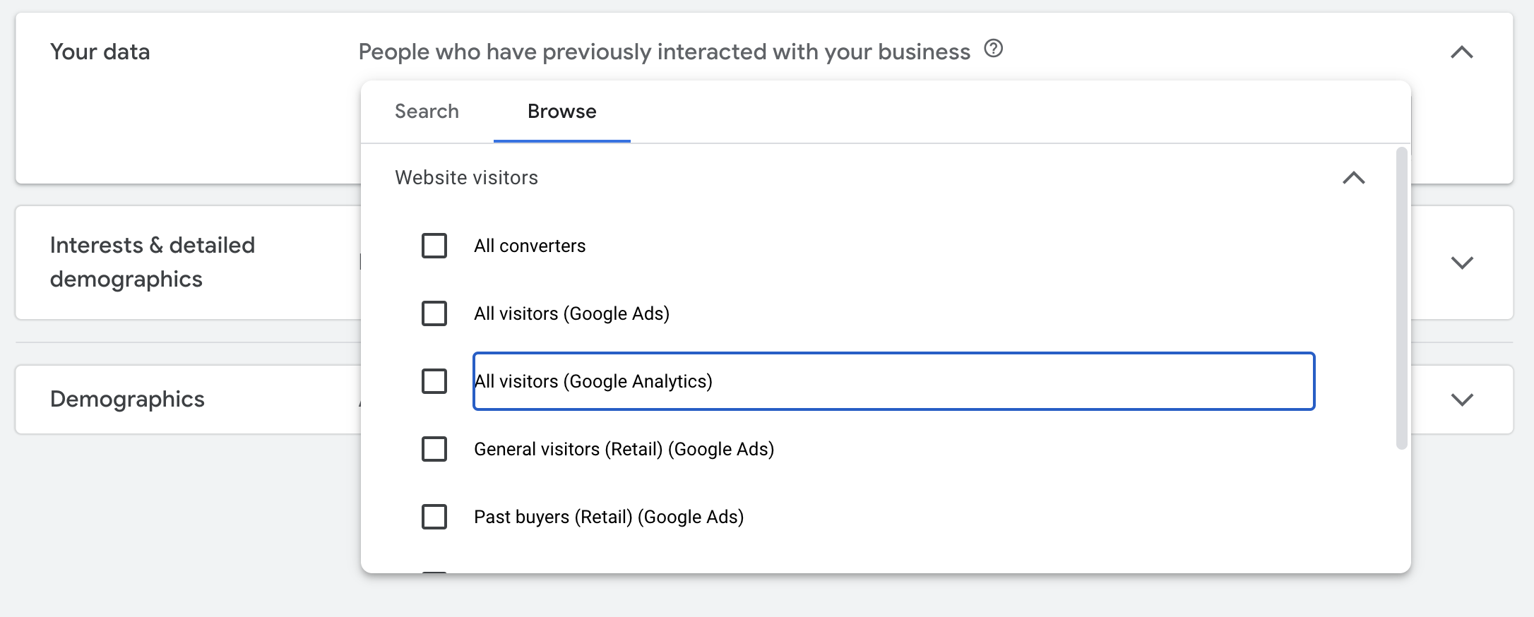 Screen shot of selecting your converting audience signal in Performance Max