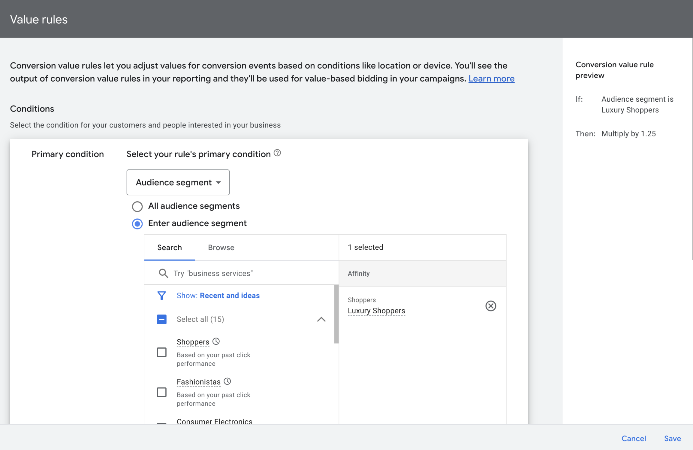 Screen shot of where to set Value Rules in Google Ads interface for Performance Max settings