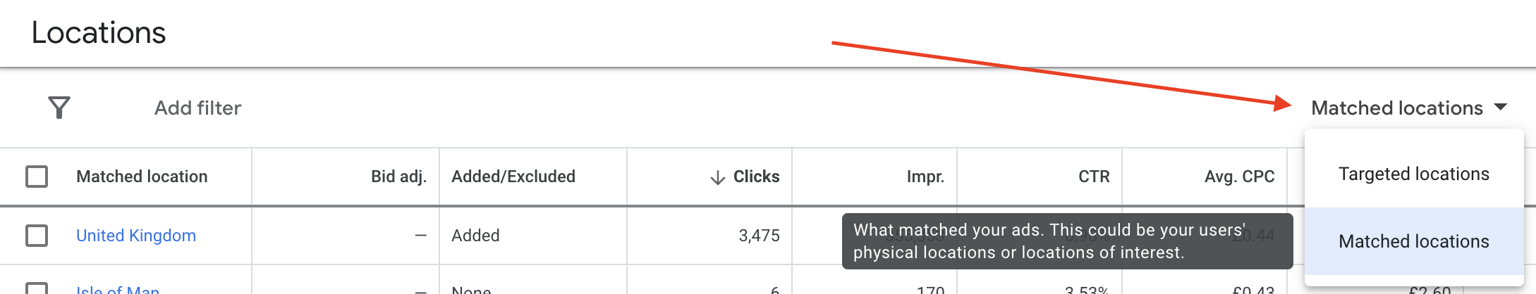 Screen Shot of Google Performance Max interface, user matched location report