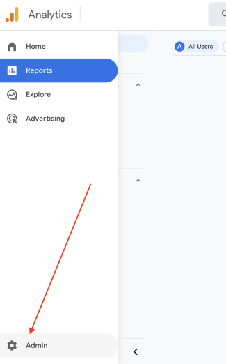 Screen grab of where to access admin settings in Google Analytics 4 interface