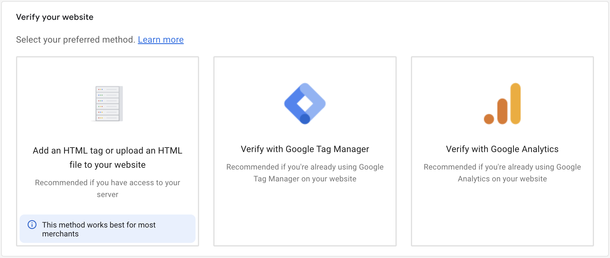 Screen grab of the verification options available when connecting a website with Google Merchant Center