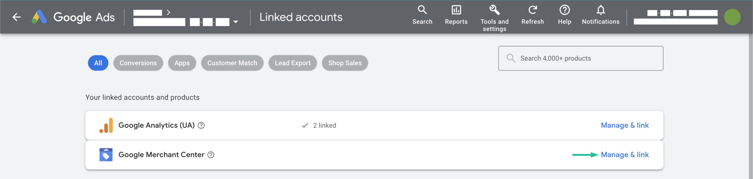 Screen grab of where to view link to Merchant Center from Google Ads account