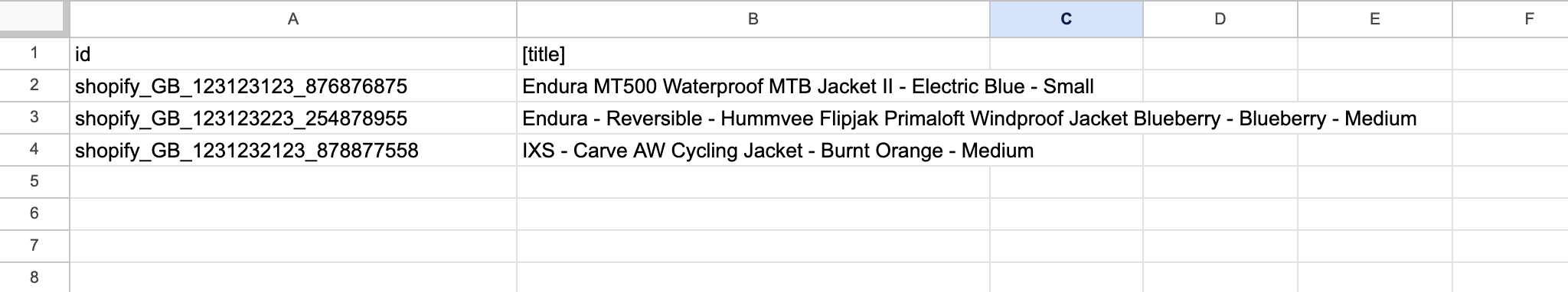 Example supplemental feed in Merchant Center to override and optimise the title attributes for product listing ada