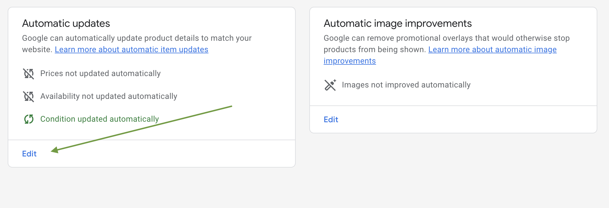 Screenshot of Google Merchant Center interface, indicating where to edit Automatic updates to resolve merchant center errors